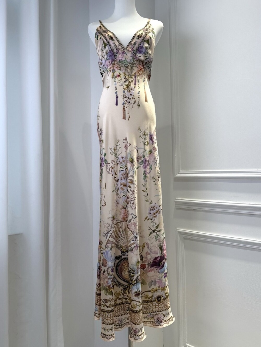 Camilla v neck full length bias slip dress In Adorned in aranjuez - Picture 6 of 13